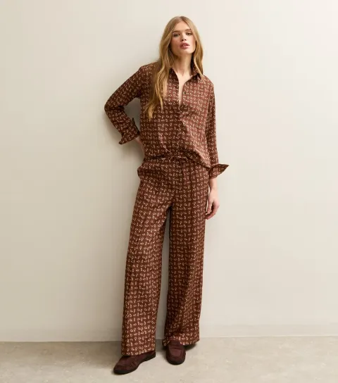 Brown Satin Paisley Wide Leg Trousers