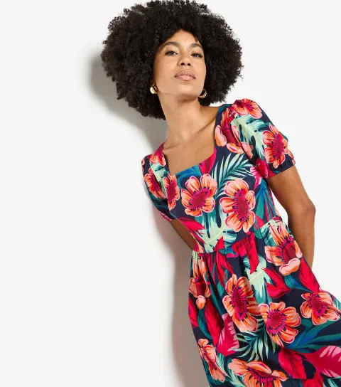 Red Floral Square Neck Mini Dress