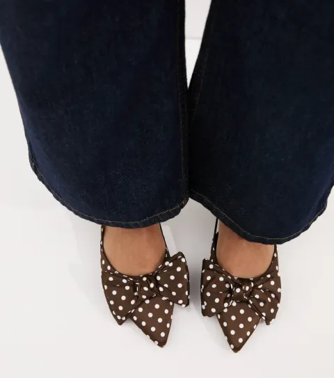 Brown Polka Dot Satin Bow Embellished Slingback Flats Vegan
