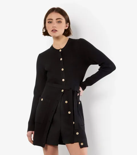 Black Button Ribbed Mini Dress