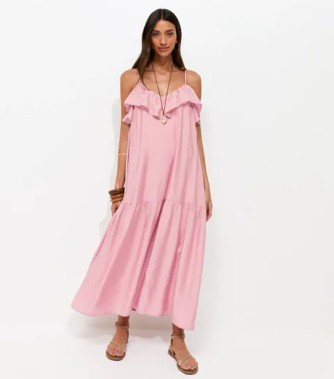 Light Pink Ruffle Trim Cami Midi Dress