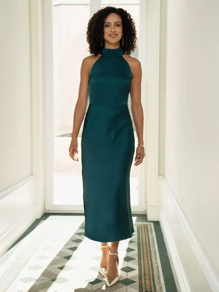 Yumi Halterneck Satin Midi Dress