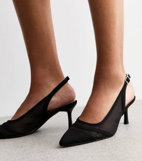 Black Mesh Contrast Trim Slingback Pumps Vegan