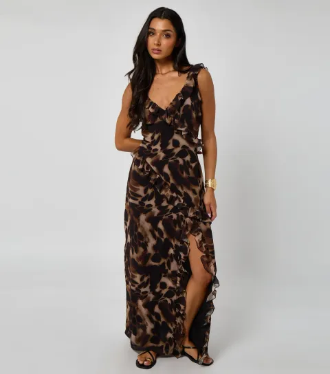 Brown Tortoiseshell Print Ruffled Maxi Dress