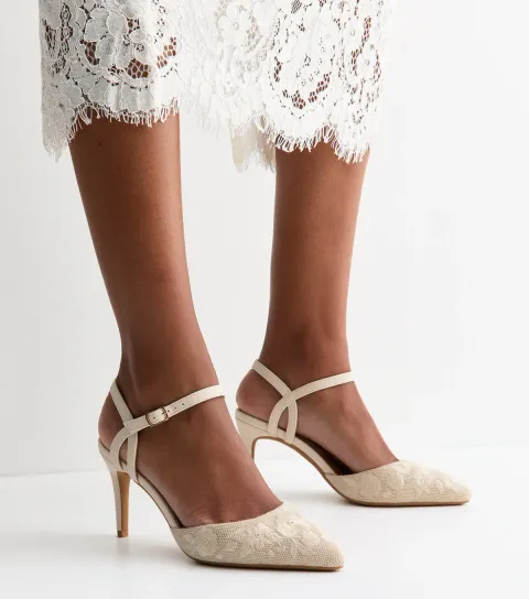 Off White Floral Embroidered Stiletto Court Shoes Vegan