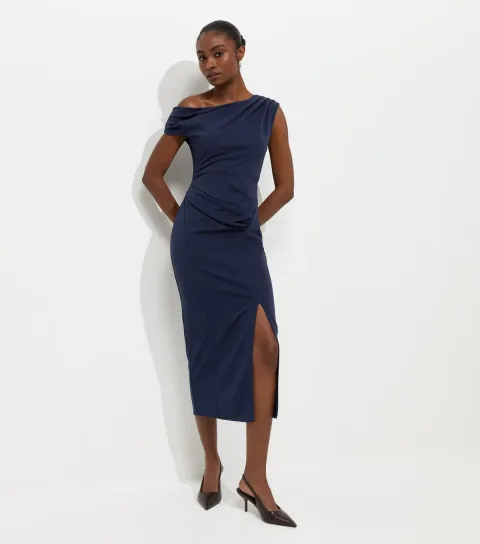 Navy Fallen Shoulder Slit Detail Midi Dress