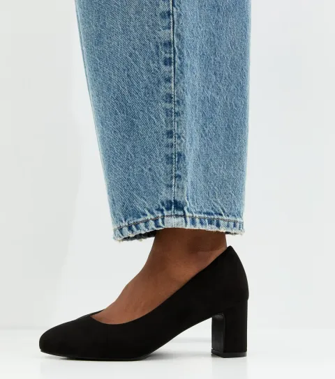Extra Wide Fit Black Faux Suede Round Toe Court Shoes Vegan