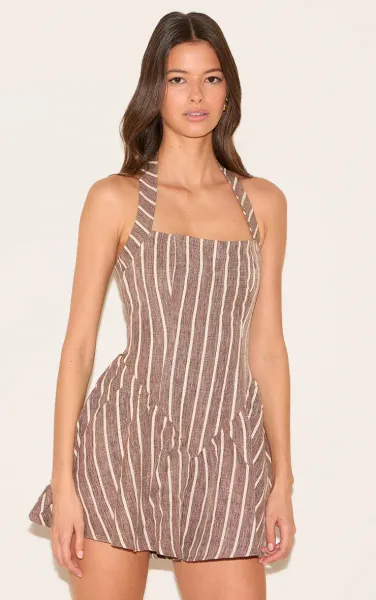 Chocolate Pinstripe Linen Halter Neck Floaty Playsuit