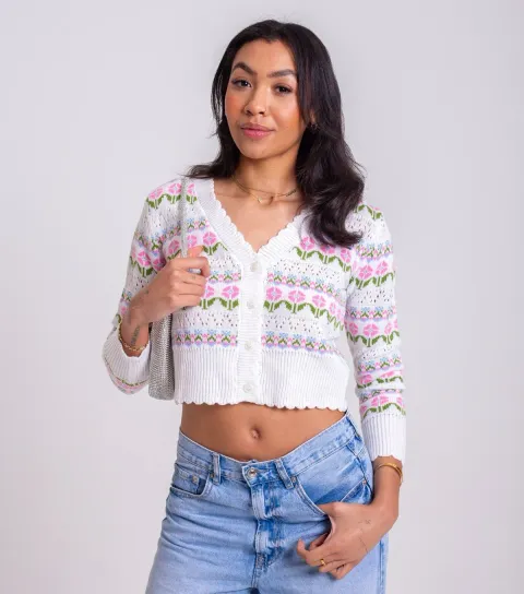 White Pointelle Flower Pattern Crop Cardigan