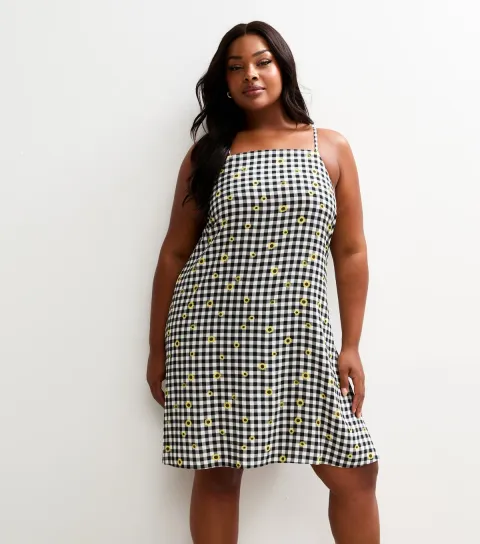 Plus Size Black Gingham Check Floral Print Mini Dress Curves