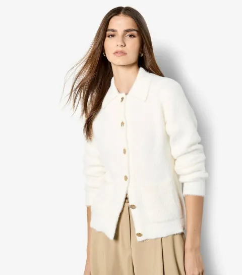White Fluffy Hammered Button Cardigan