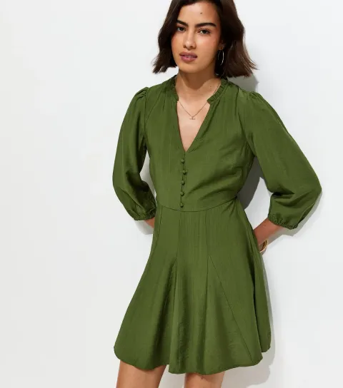 Khaki Godet Skirt Belted Mini Shirt Dress