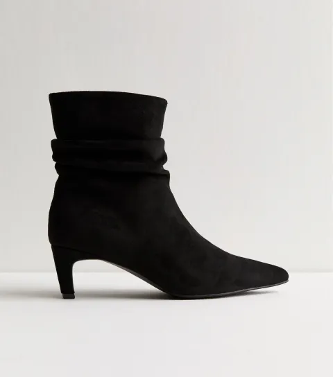 Black Faux Suede Ruched Pointed Toe Ankle Boots