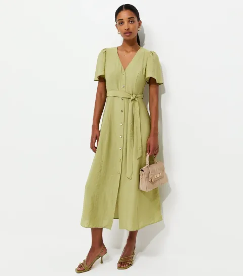 Light Khaki Button Front Flutter Sleeve Midi Dress