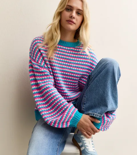 Blue and Pink Striped Crew Neck Jumper
