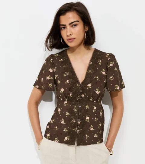Brown Floral Spot Lace Trim Blouse