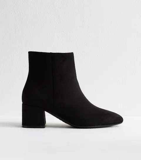Wide Fit Black Faux Suede Block Heel Ankle Boots