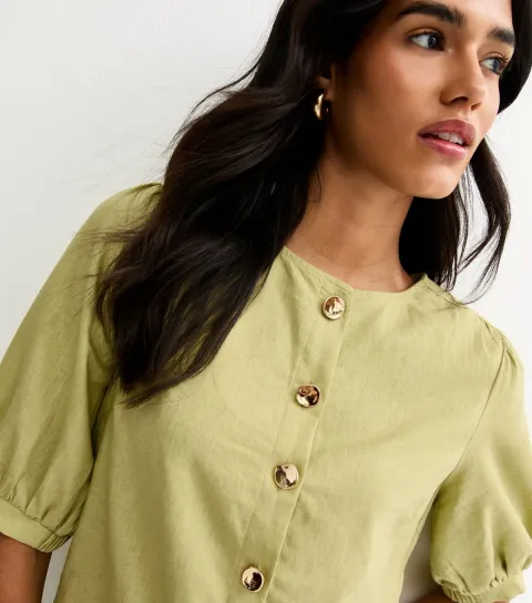 Green Linen Blend Gold Tone Textured Button Blouse