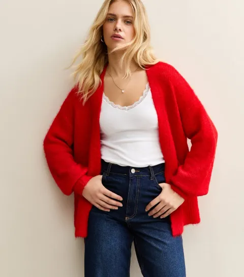 Bright Red Open Front Cardigan