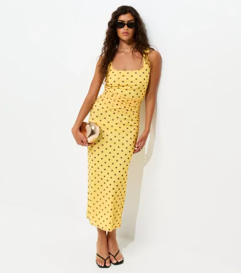 Yellow Spotty Mesh Square Neck Midi Dress