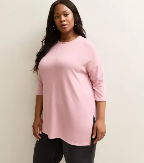 Plus Size Mid Pink Cropped Sleeve Longline Jumper Curves