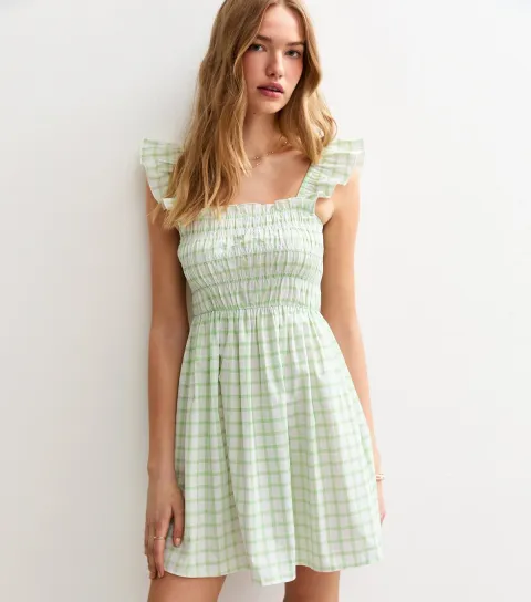 Green Checked Frill Strap Mini Dress