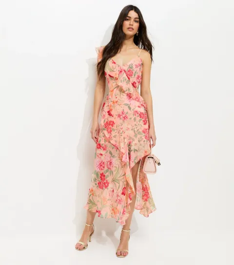 Pink Floral Chiffon Ruffled Midi Dress