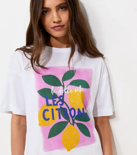 White Cotton Lemon Print Oversized T-Shirt