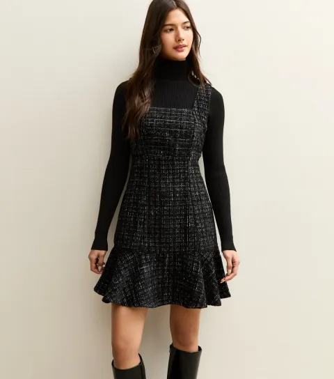 Black Square Neck Boucle Mini Dress