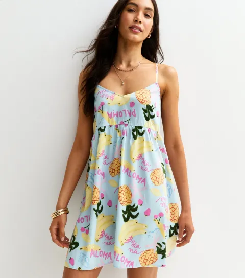 Blue Fruit Print Strappy V Neck Mini Dress