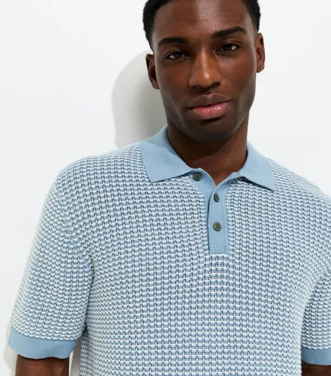 Light Blue Cotton Relaxed Textured Knit Polo Shirt
