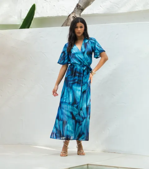 Bright Blue Tie Dye Print Wrap Dress