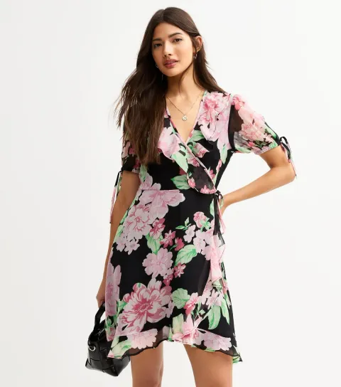 Black Chiffon Floral Print Mini Wrap Dress