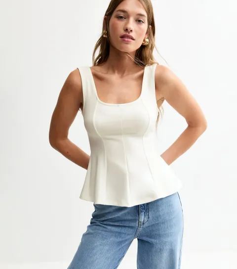 Off White Jersey Peplum Crepe Strappy Top