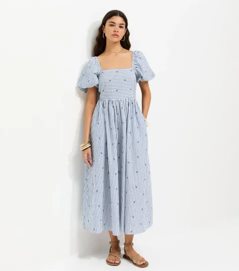 Blue Cotton Striped Floral Milkmaid Midi Dress