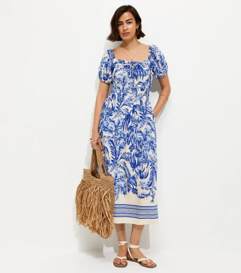 Blue Leaf Print Milkmaid Midi Dress