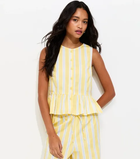 Light Yellow Striped Peplum Hem Button Front Top