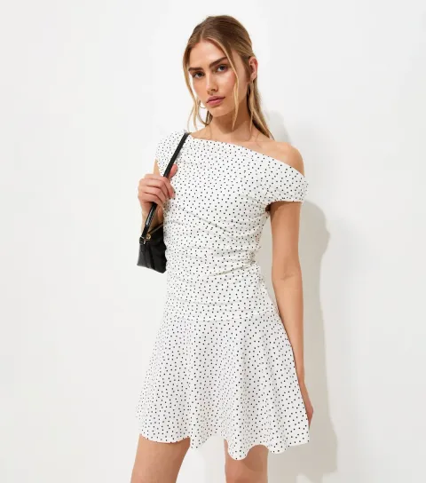 White Cotton Rich Polka Dot Off the Shoulder Mini Dress