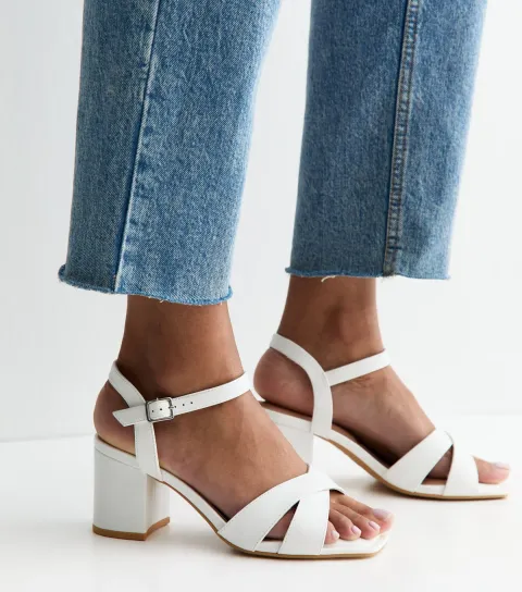 Wide Fit White Faux Leather Block Heel Sandals Vegan