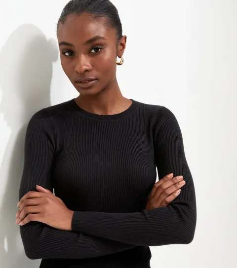 Black Ribbed Lightweight Crew Neck Jumper