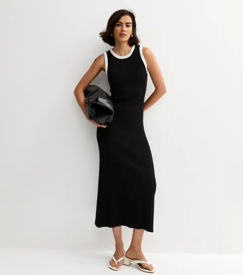 Black Contrast Tipping Midi Dress