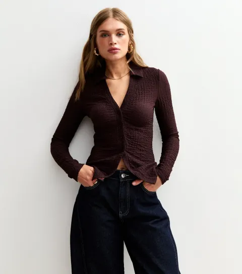 Brown Textured Jersey Collared Long Sleeve Top