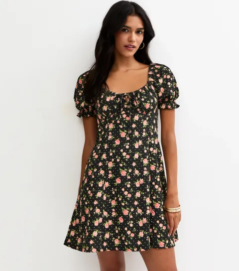Black Floral Ruched Bodice Mini Dress