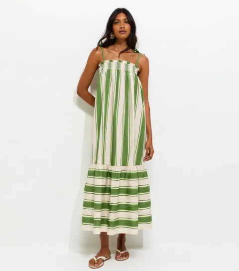 Green Cotton Striped Tie Strap Midi Dress