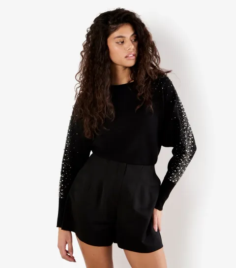 Black Faux Pearl Stud Batwing Jumper