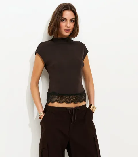 Dark Brown Lace Hem Grown On Sleeve T-Shirt