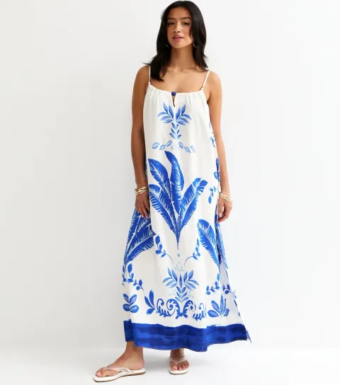 Petite Blue Leaf Print Beach Maxi Dress