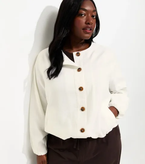 Plus Size White Linen Button Through Bomber Jacket Curves