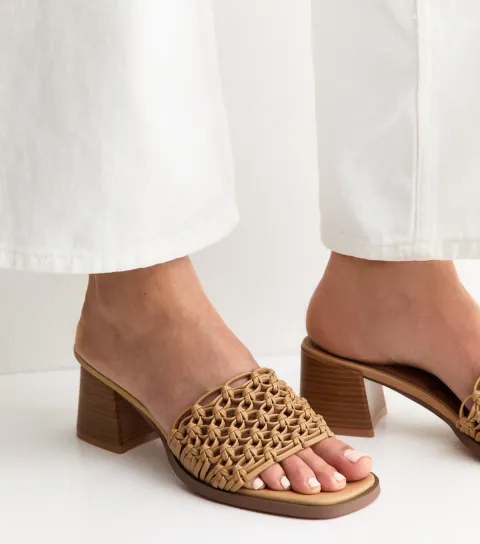 Wide Fit Camel Woven Faux Leather Block Heels Sandals Vegan
