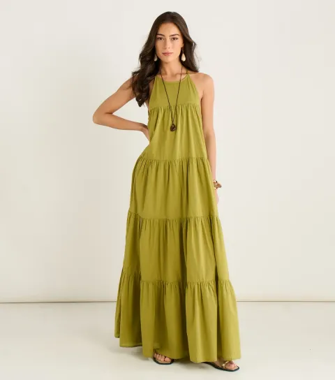 Light Khaki Halter Neck Tiered Maxi Dress